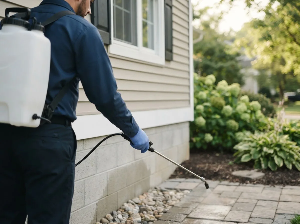 Pest control technician inspecting a home in Omar, WV